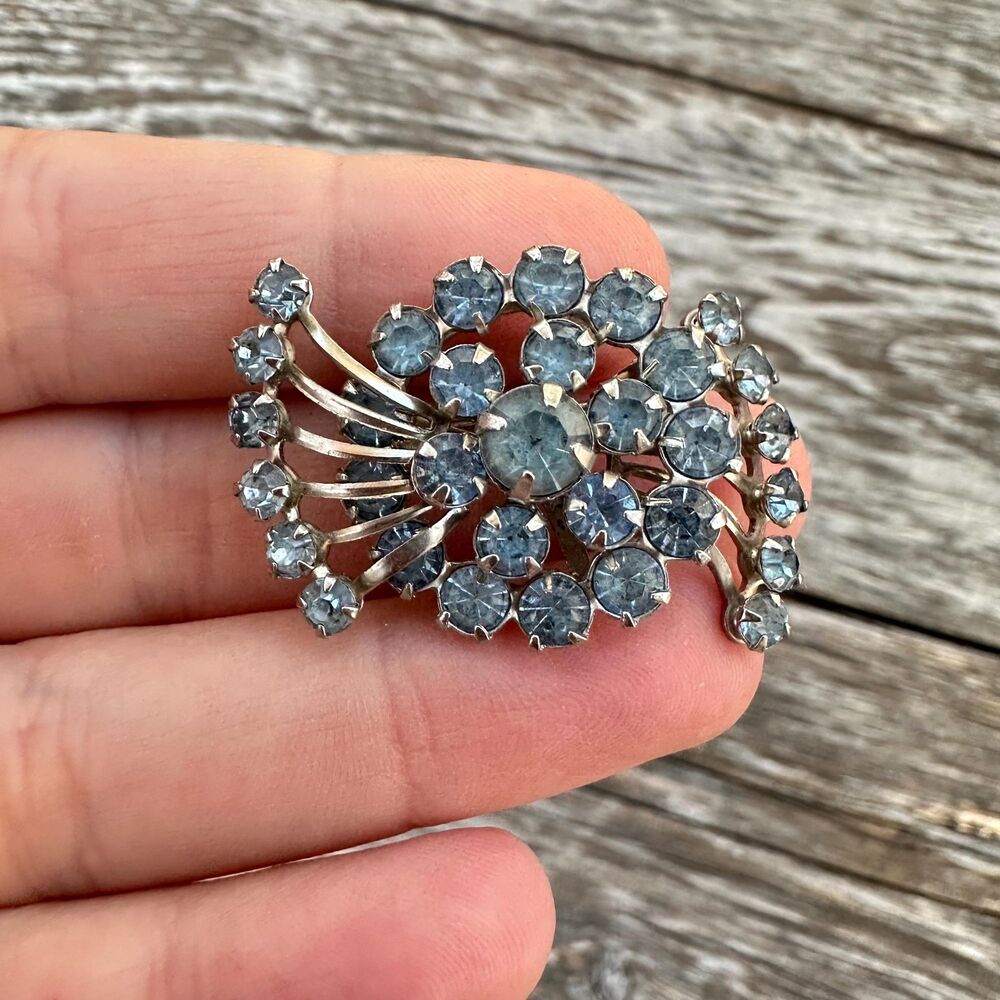Vintage Blue Rhinestone Brooch, 1960s Silver Tone Pin